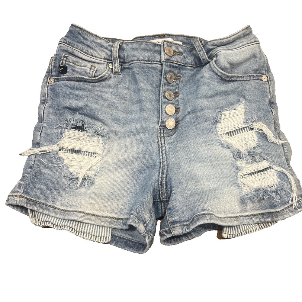 KanCan Mid Rise Stretch Blue Denim Jean Shorts Women 26 Distressed Pocket-Out 3"